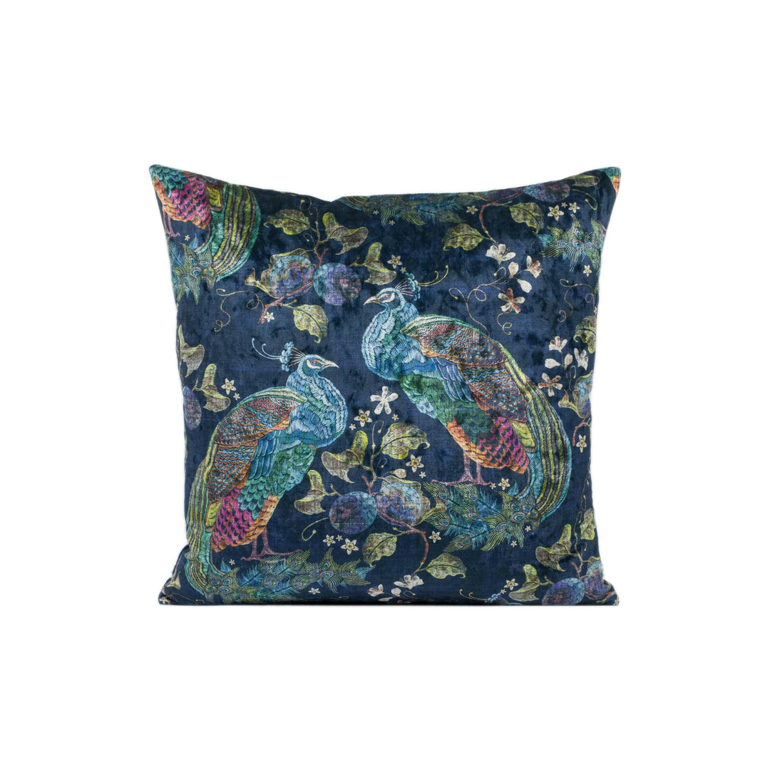 Art of the Loom - Utopia - Peacock Opulence - Navy - Stunning Designer Velvet Cushion Cover - Handmade Blue Chenille Pillow Cover - Bird.