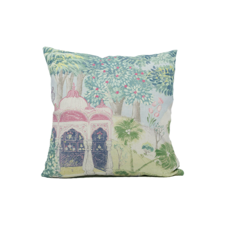 Zoffany - Peacock Garden - Moss / Pink - Indian Landscape Garden Cushion Cover - Handmade Throw Pillow - Designer Home Décor.