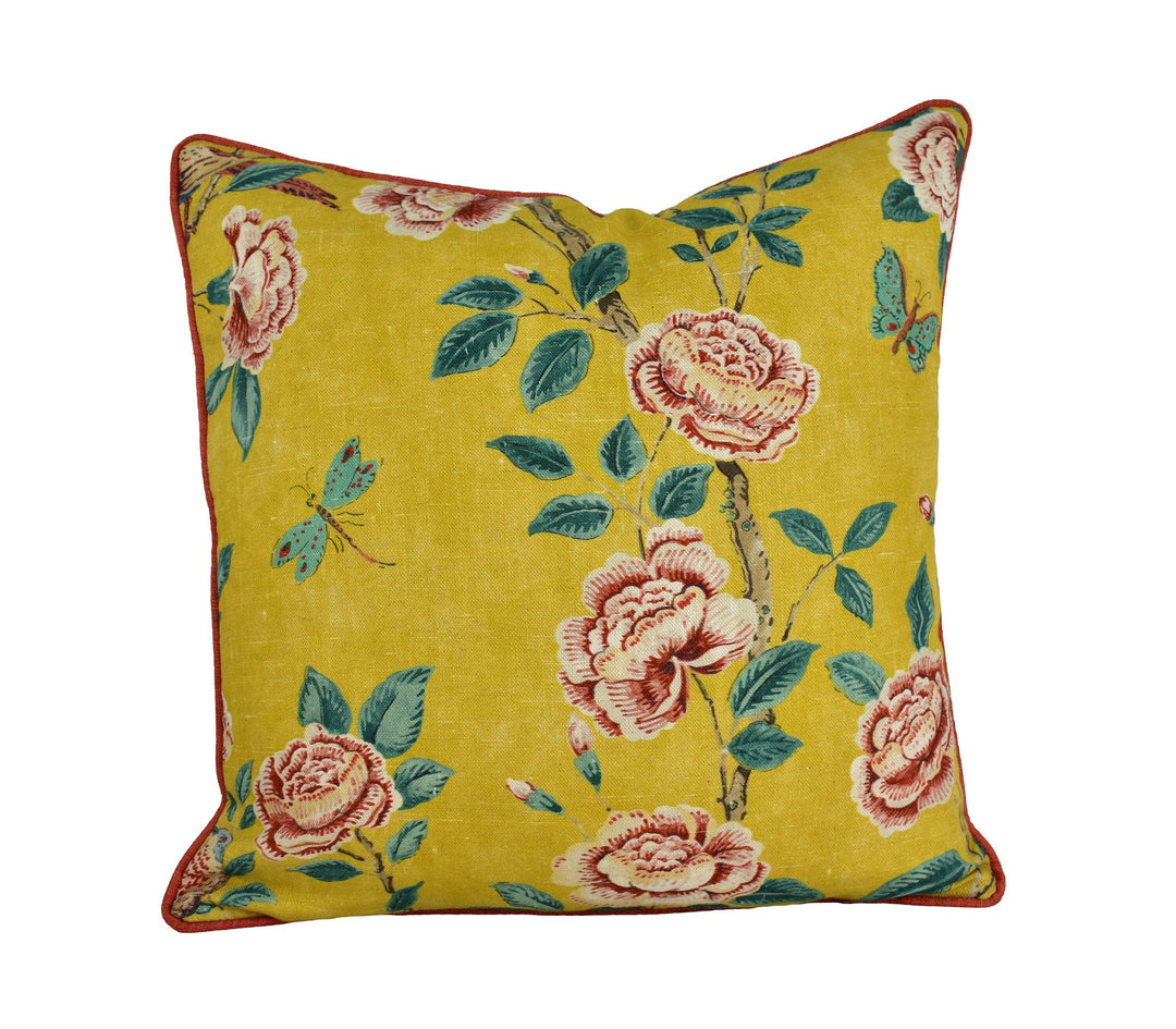 Sanderson - Andhara - Saffron / Teal - Classic Flora and Fauna Chinoiserie Designer Cushion Cover - Luxury Throw Pillow - Handmade Home Déco.