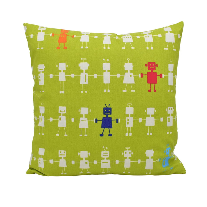 Harlequin - Reggie Robot - Lime / Multi - Funky Retro Robot Design Cushion Cover - Bold Kids Luxury Throw Pillow - Fun Handmade Home Decor.