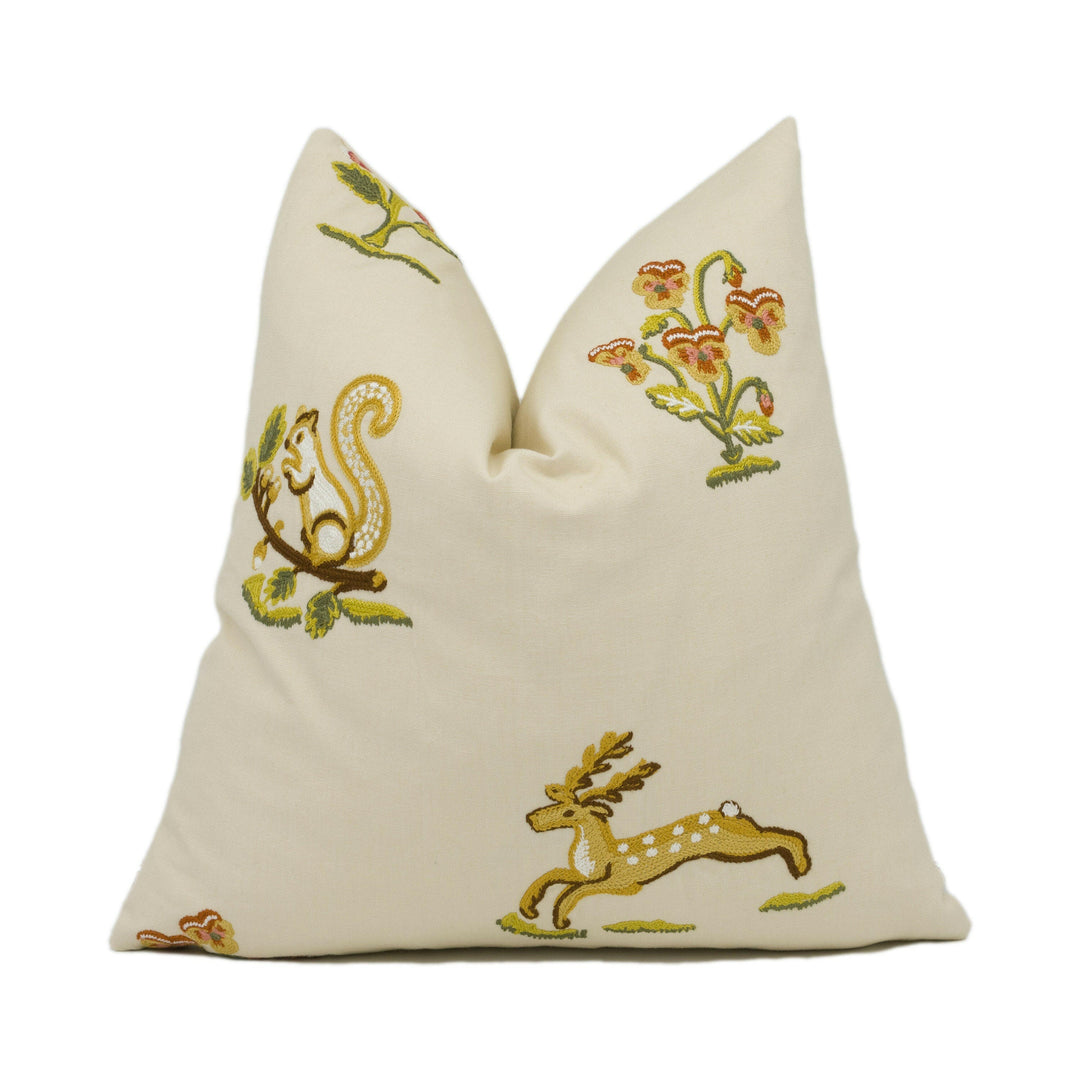 Sanderson - Clemence - Russet / Sand - Embroidered Forest Animals & Wild Flowers Cushion Cover - Handmade Throw Pillow - Designer Home Décor.