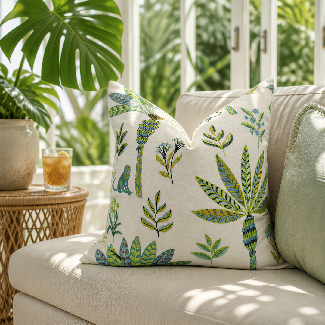 a cozy living space with a white sofa adorned with a vibrant, tropical-themed throw pillow. The pillow is decorated with various green and yellow leaves and palm trees, creating a lively and refreshing atmosphere. In the background, there is a large window that allows natural light to flood the room, and a potted plant adds a touch of greenery to the space.