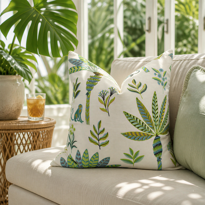 a cozy living space with a white sofa adorned with a vibrant, tropical-themed throw pillow. The pillow is decorated with various green and yellow leaves and palm trees, creating a lively and refreshing atmosphere. In the background, there is a large window that allows natural light to flood the room, and a potted plant adds a touch of greenery to the space.