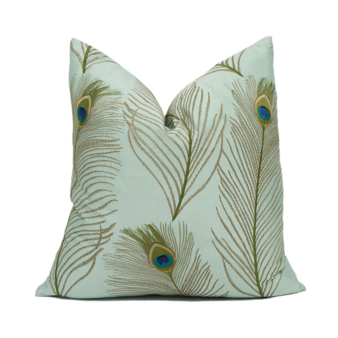 Voyage - Bolshoi - Duck Egg - Elegant Arabesque Embroidered Peacock Feather Cushion Cover - Handmade Throw Pillow - Designer Home Décor.