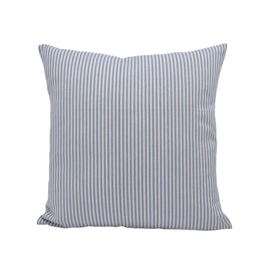 A square throw pillow with a striped pattern in shades of blue and white.