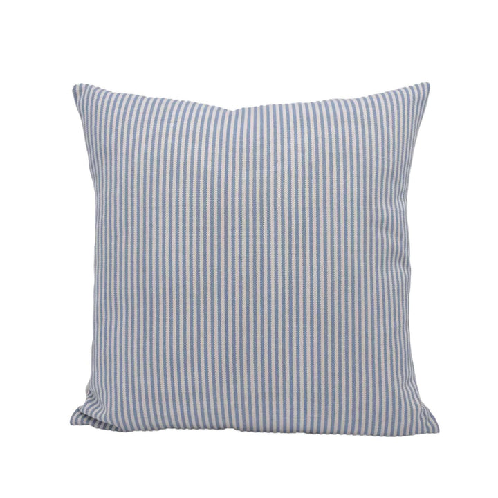 A square throw pillow with a striped pattern in shades of blue and white.