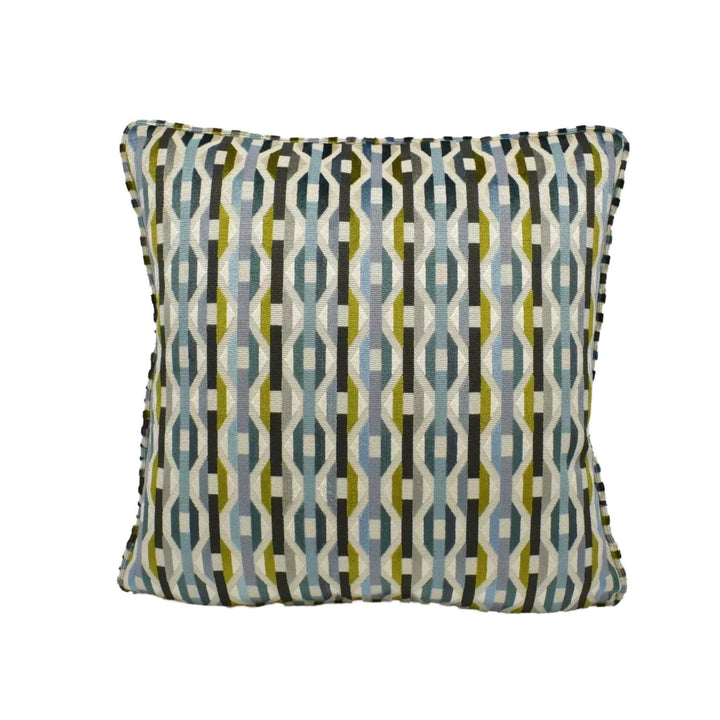 A square throw pillow with a geometric pattern in shades of blue, green, and gray.