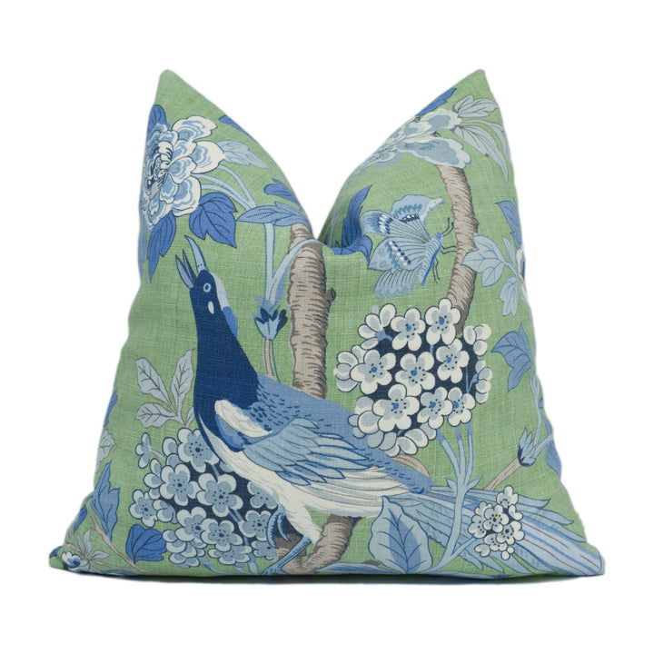 GP &amp; J Baker - Hydrangea Bird - Emerald / Blue - Exotic Chinese Inspired Cushion Cover - Handmade Throw Pillow - Designer Home Décor.