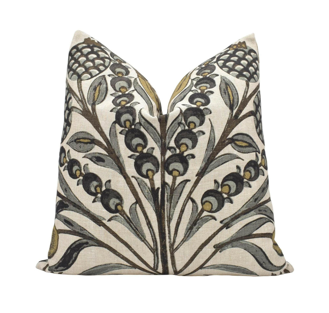 Thibaut - Corneila - Grey and Gold - Indian Handprinted Designer Cushion Cover - Primitive Pomegranate Moroccan Pillow - Black Gold Floral.
