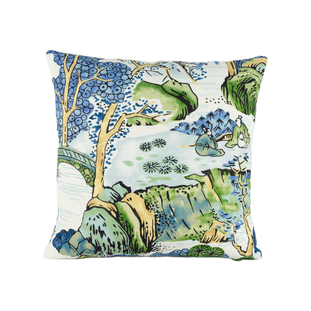 Thibaut - Asian Scenic - Blue and Green - Stunning Designer Cushion Cover Home Décor Throw Pillow.