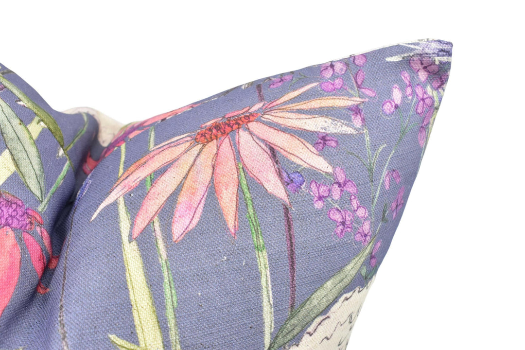 Voyage - Hermione - Indigo - Whimsical English Summertime Cushion Cover - Playful Watercolour Bee Pillow Cover - Purple Floral Throw Pillow.