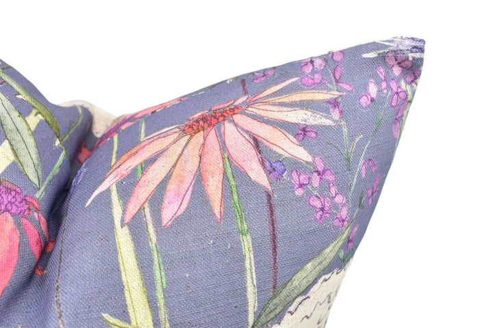 Voyage - Hermione - Indigo - Whimsical English Summertime Cushion Cover - Playful Watercolour Bee Pillow Cover - Purple Floral Throw Pillow.