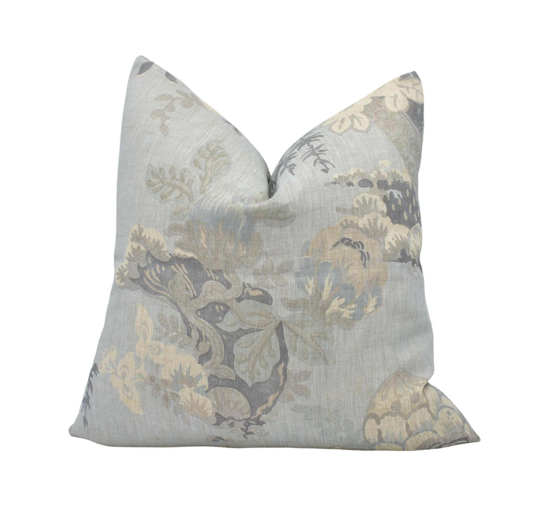 Anna French x Thibaut - Fairbanks - Spa Blue - Stunning 1920's Floral Designer Cushion - Blue Japanese Vase Pillow - Custom Piped Thibaut.
