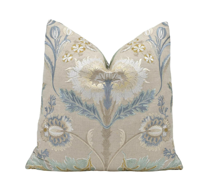 Colefax and Fowler - Dianthus - Beige - Traditional English 18th C Embroidered Floral Designer Cushion Cover - Blue Gold Luxury Embroidery.