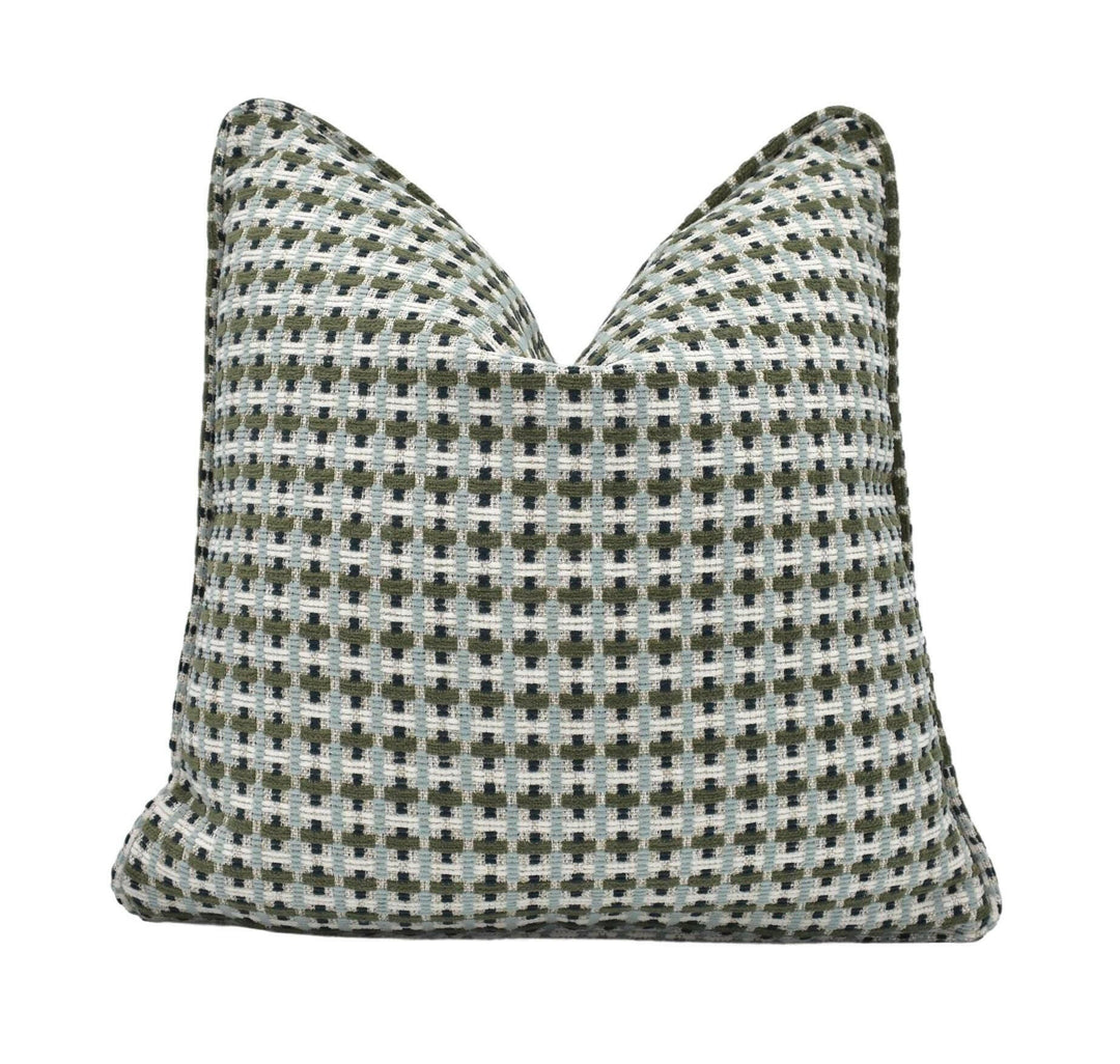 Villa Nova - Axis - Kombu - Contemporary Geometric Woven Chenille Cushion Cover - Green Blue Small Cross Recycled Cotton Pillow Cover.