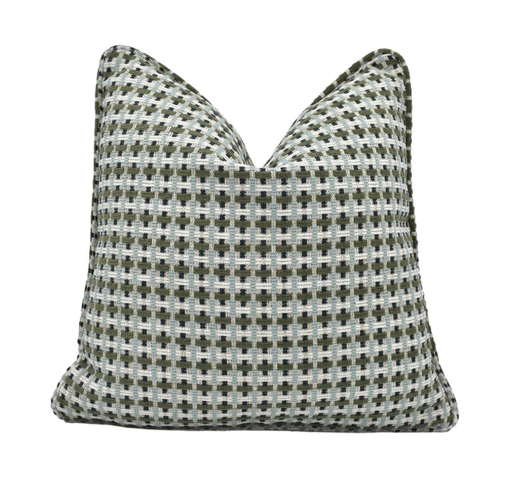 Villa Nova - Axis - Kombu - Contemporary Geometric Woven Chenille Cushion Cover - Green Blue Small Cross Recycled Cotton Pillow Cover.