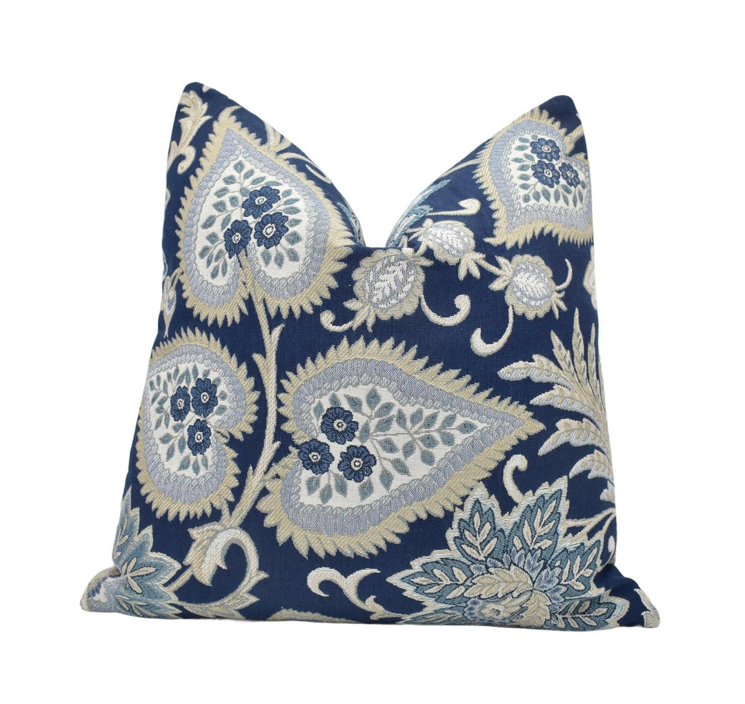 iLiv - Etienne - Sapphire - Luxurious Botanical Weave Cushion Cover - Blue and Gold Winding Leaf Pillow Cover - Handmade Designer Pillow.