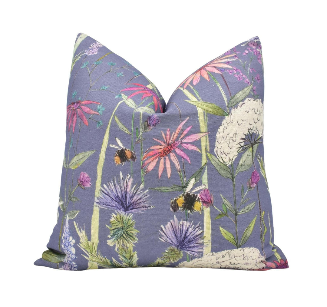 Voyage - Hermione - Indigo - Whimsical English Summertime Cushion Cover - Playful Watercolour Bee Pillow Cover - Purple Floral Throw Pillow.