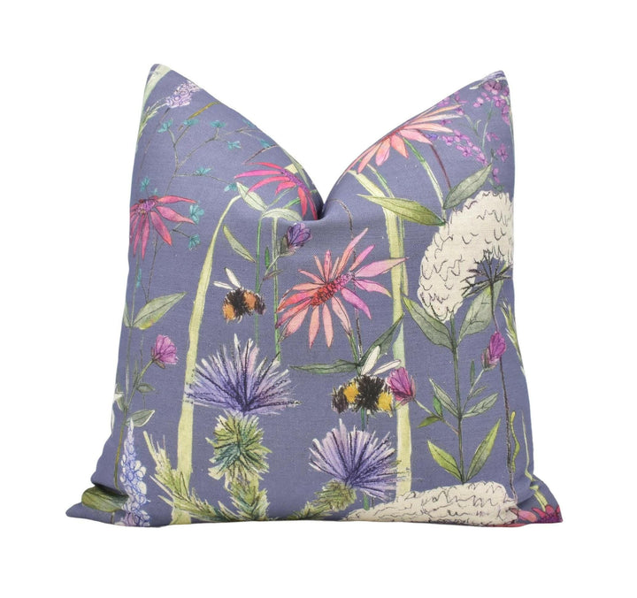 Voyage - Hermione - Indigo - Whimsical English Summertime Cushion Cover - Playful Watercolour Bee Pillow Cover - Purple Floral Throw Pillow.