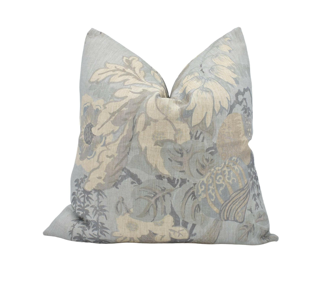 Anna French x Thibaut - Fairbanks - Spa Blue - Stunning 1920's Floral Designer Cushion - Blue Japanese Vase Pillow - Custom Piped Thibaut.