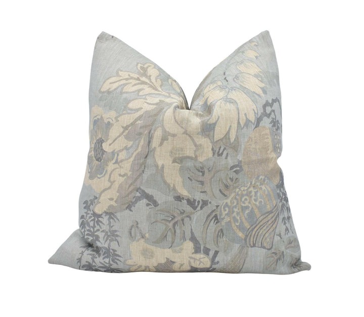 Anna French x Thibaut - Fairbanks - Spa Blue - Stunning 1920's Floral Designer Cushion - Blue Japanese Vase Pillow - Custom Piped Thibaut.