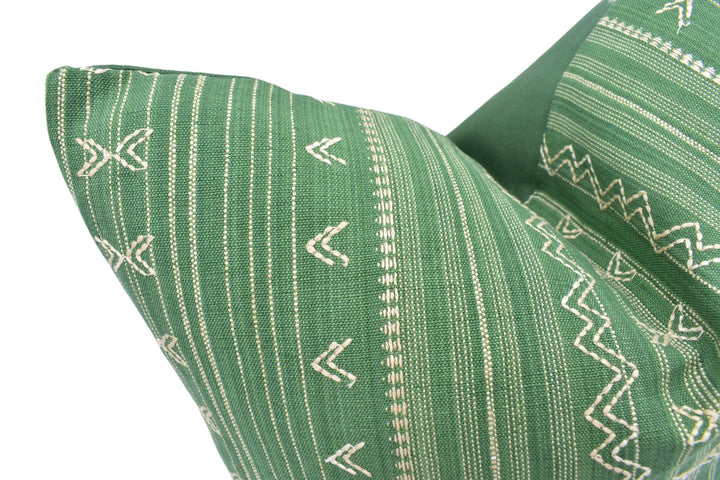 Thibaut - Charter Stripe Embroidery - Green - Artisanal Boho Designer Embroidered Cushion Cover - Indienne Geometric Stripe Textured Pillow.