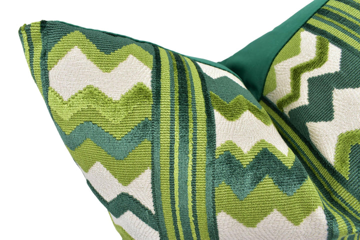 Nina Campbell - Sebastian - 6 - Bold Striped Zig Zag Velvet Designer Pillow Cover - Modern Boho Green Cream Maximalist Cushion Spring Jewel.