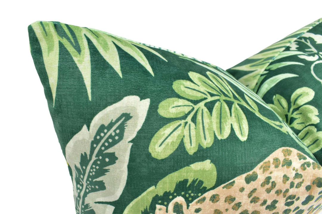 Prestigious - Leopard - Rainforest - Playful Big Cat Tropical Designer Velvet Cushion Cover - Green Botanical Leafy Custom Soft Pillow.