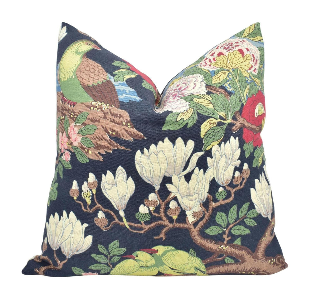 GP & J Baker - Rockbird Signature - Indigo - Blue Floral Magnolia Bird Cushion Cover - Colourful Chinese Pheasant Exotic Botanical Pillow.