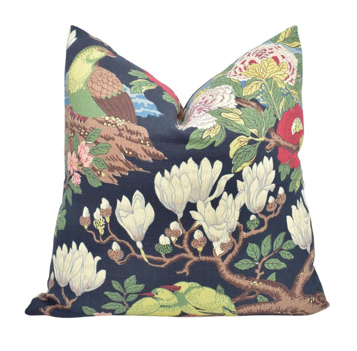 GP & J Baker - Rockbird Signature - Indigo - Blue Floral Magnolia Bird Cushion Cover - Colourful Chinese Pheasant Exotic Botanical Pillow.