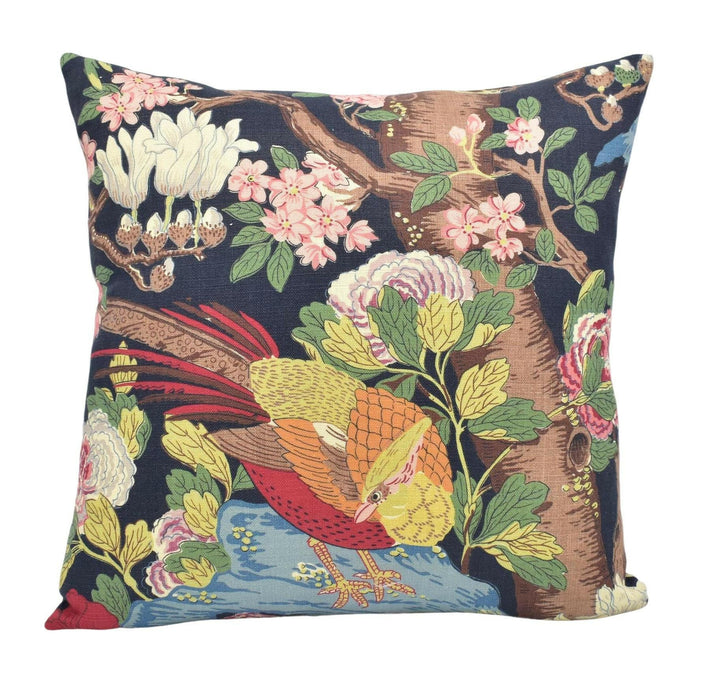 GP & J Baker - Rockbird Signature - Indigo - Blue Floral Magnolia Bird Cushion Cover - Colourful Chinese Pheasant Exotic Botanical Pillow.