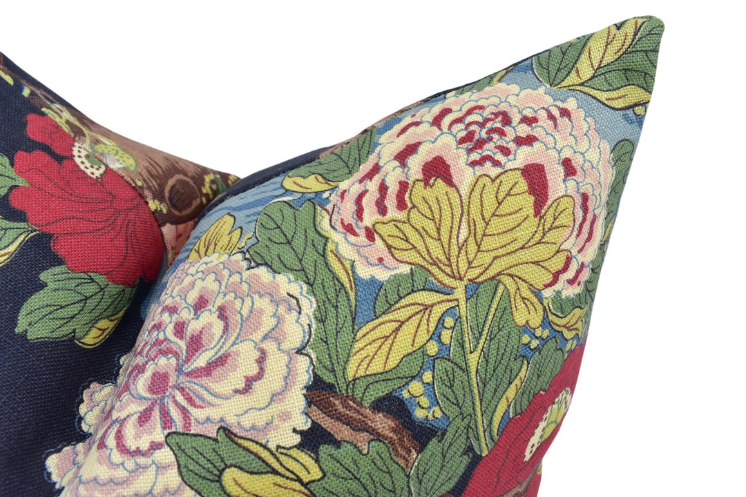 GP & J Baker - Rockbird Signature - Indigo - Blue Floral Magnolia Bird Cushion Cover - Colourful Chinese Pheasant Exotic Botanical Pillow.