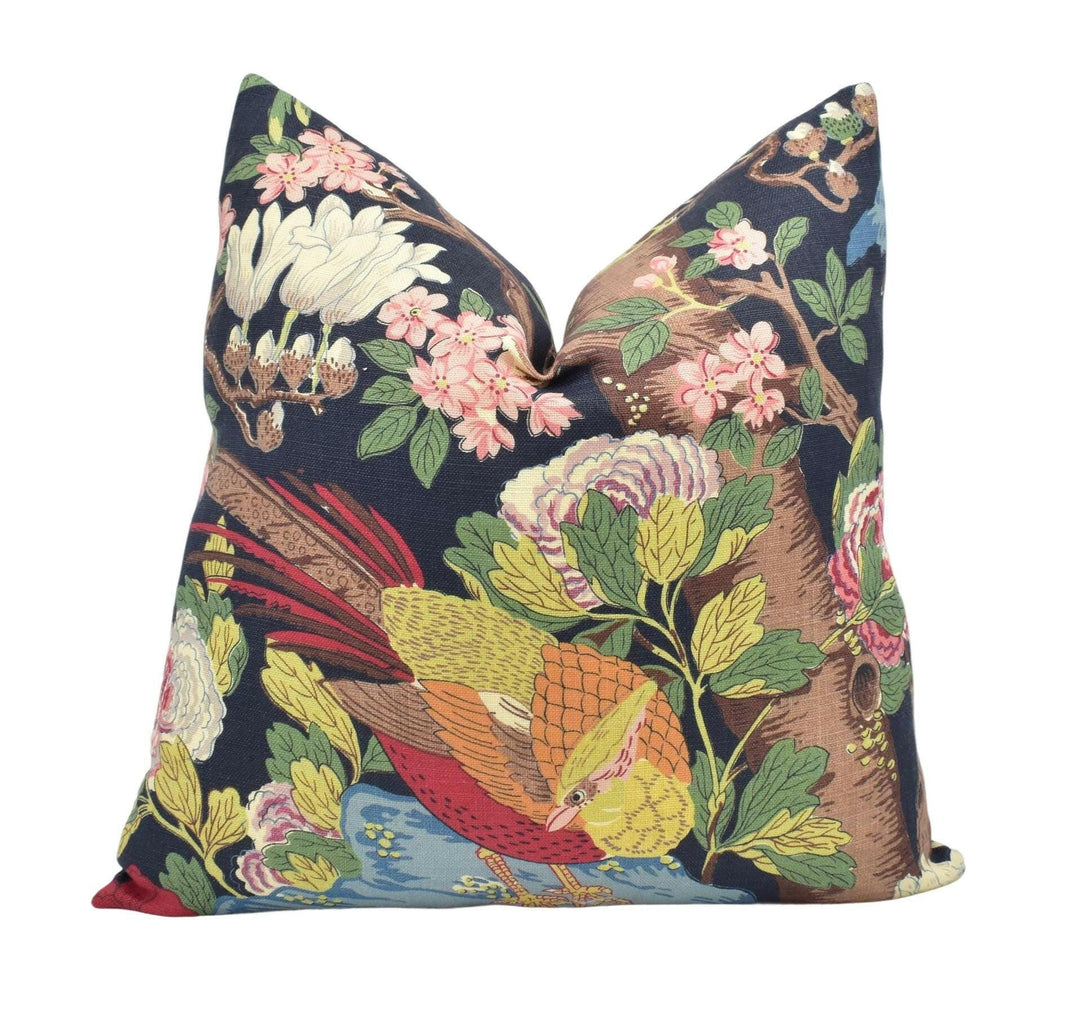 GP & J Baker - Rockbird Signature - Indigo - Blue Floral Magnolia Bird Cushion Cover - Colourful Chinese Pheasant Exotic Botanical Pillow.