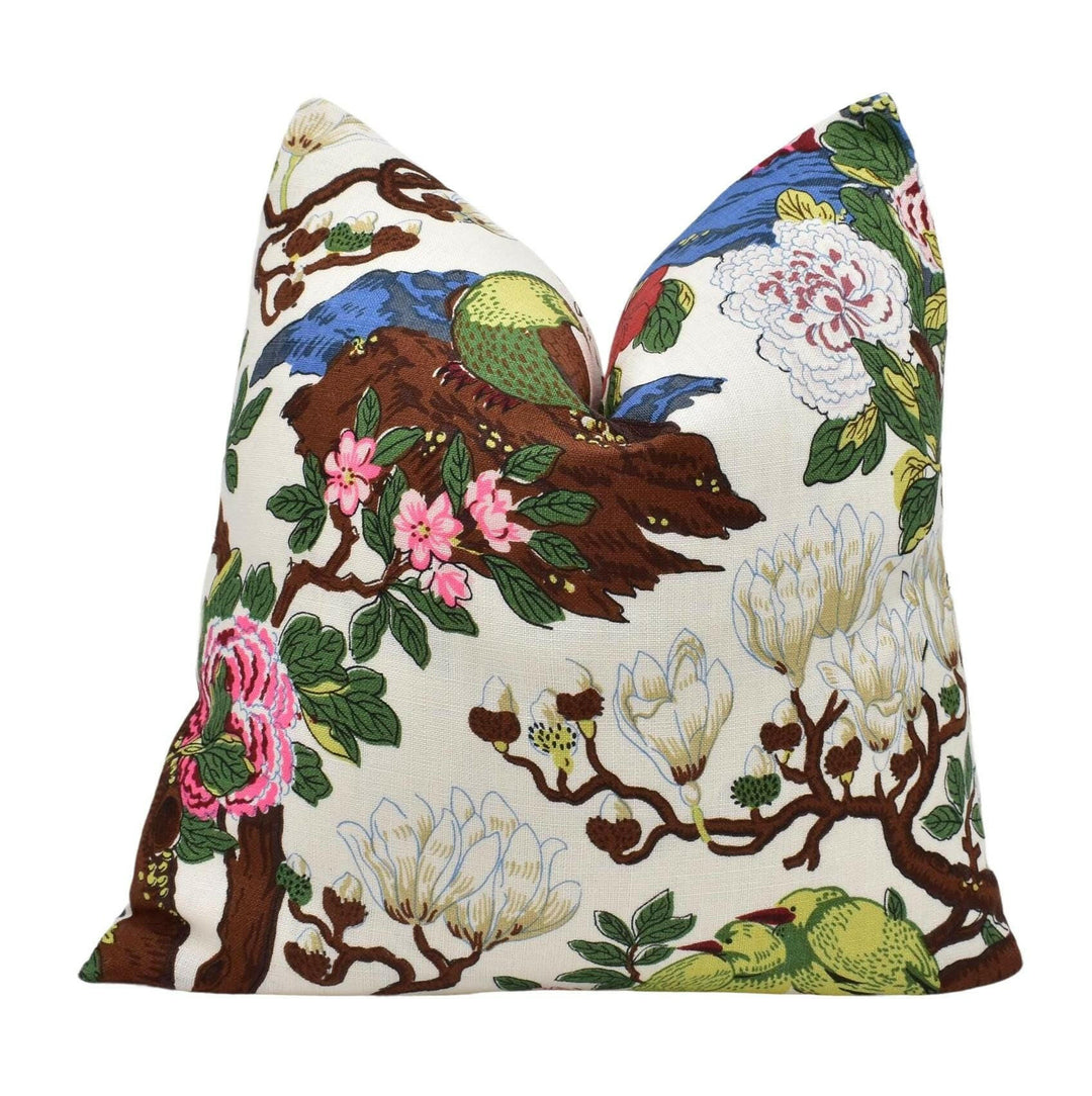 GP &amp; J Baker - Rockbird Signature - Cream - White Floral Magnolia Bird Cushion Cover - Colourful Chinese Pheasant Exotic Botanical Pillow.