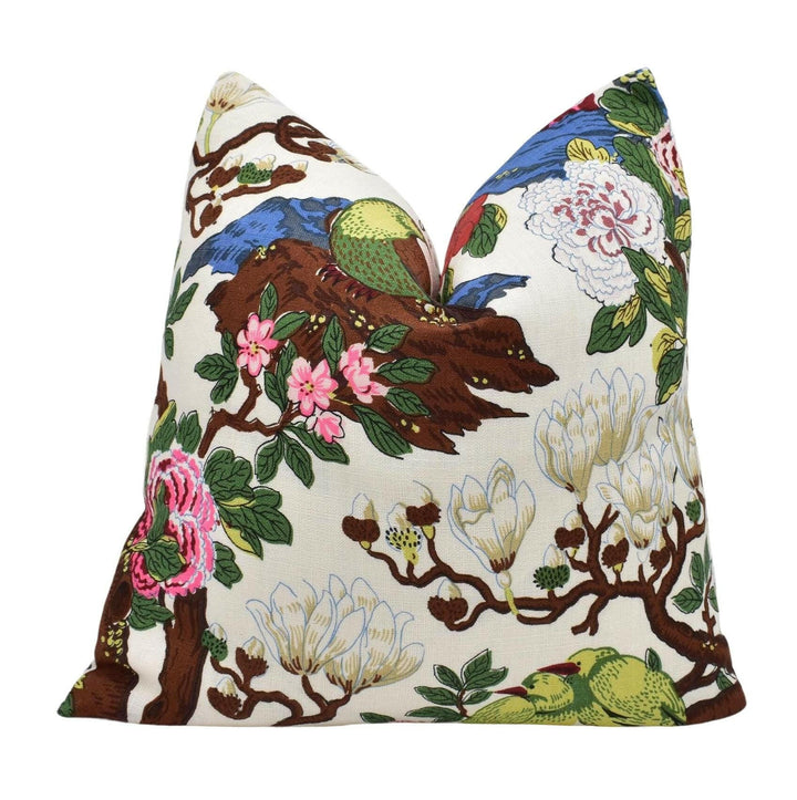 GP &amp; J Baker - Rockbird Signature - Cream - White Floral Magnolia Bird Cushion Cover - Colourful Chinese Pheasant Exotic Botanical Pillow.