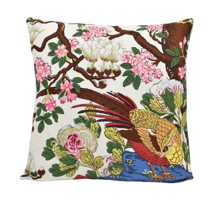 GP &amp; J Baker - Rockbird Signature - Cream - White Floral Magnolia Bird Cushion Cover - Colourful Chinese Pheasant Exotic Botanical Pillow.