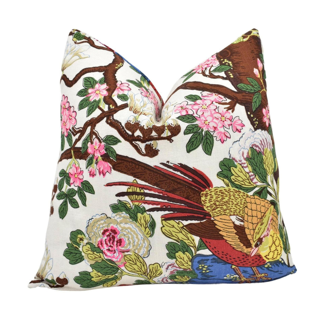 GP & J Baker - Rockbird Signature - Cream - White Floral Magnolia Bird Cushion Cover - Colourful Chinese Pheasant Exotic Botanical Pillow.