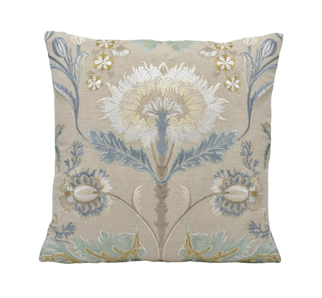 Colefax and Fowler - Dianthus - Beige - Traditional English 18th C Embroidered Floral Designer Cushion Cover - Blue Gold Luxury Embroidery.