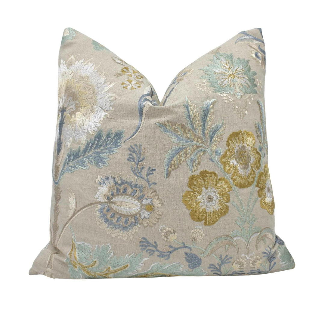 Colefax and Fowler - Dianthus - Beige - Traditional English 18th C Embroidered Floral Designer Cushion Cover - Blue Gold Luxury Embroidery.