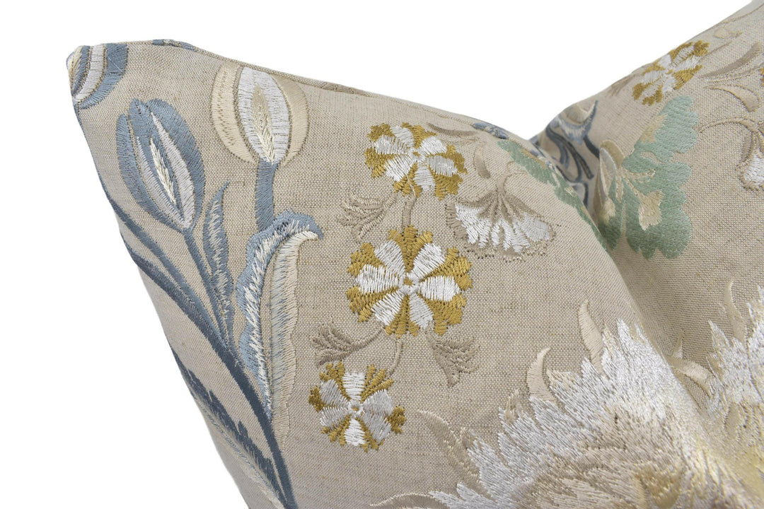 Colefax and Fowler - Dianthus - Beige - Traditional English 18th C Embroidered Floral Designer Cushion Cover - Blue Gold Luxury Embroidery.