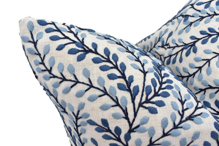 Porter & Stone - Shimla - Cornflower - Wonderful Fresh Crisp White Blue Leaf Embroidery Cushion Cover - Elegant Leafy Floral Cotton Pillow.