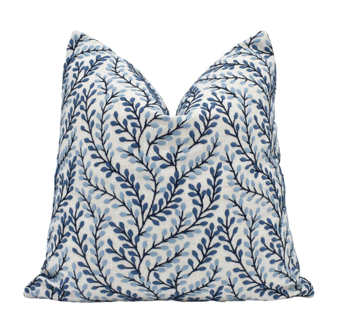 Porter & Stone - Shimla - Cornflower - Wonderful Fresh Crisp White Blue Leaf Embroidery Cushion Cover - Elegant Leafy Floral Cotton Pillow.