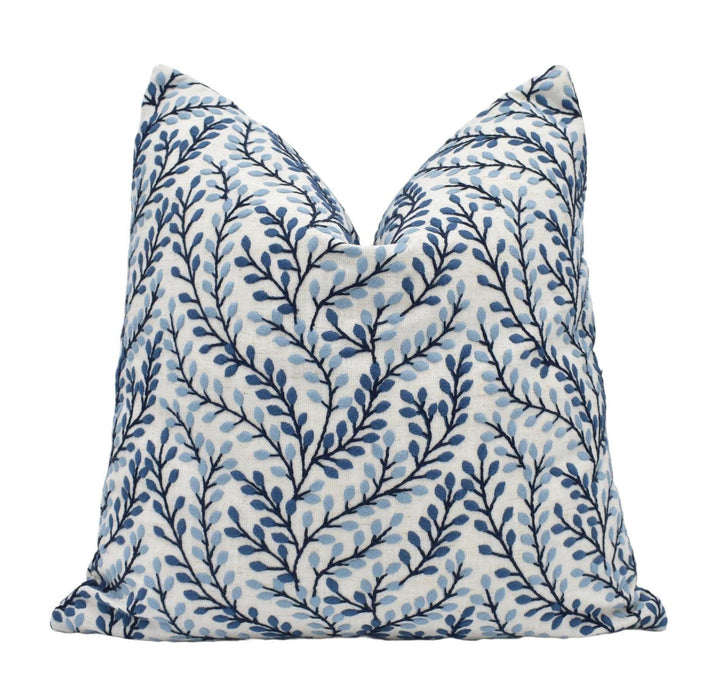 Porter & Stone - Shimla - Cornflower - Wonderful Fresh Crisp White Blue Leaf Embroidery Cushion Cover - Elegant Leafy Floral Cotton Pillow.