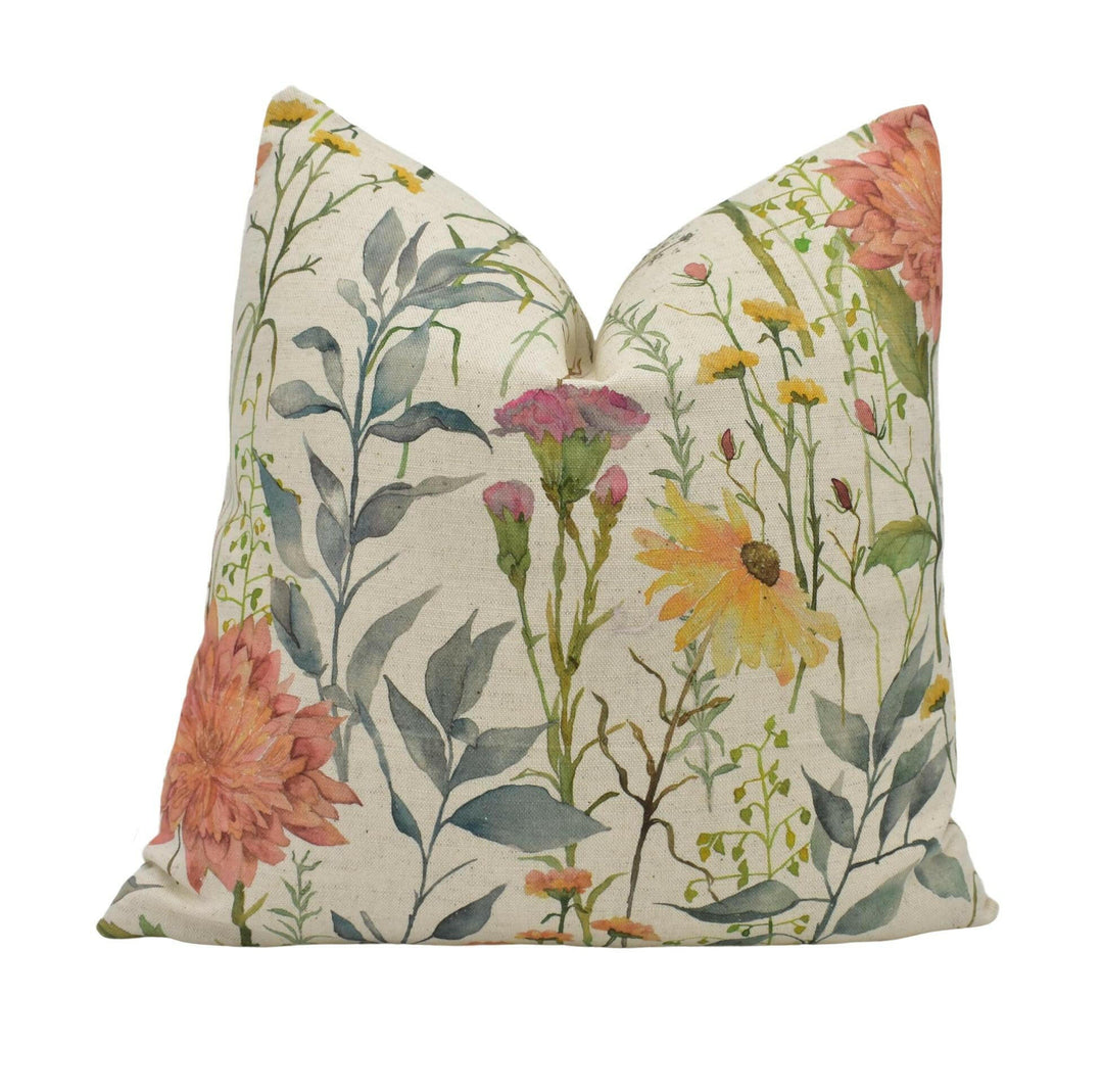 Voyage - Delamere - Linen - Idyllic British Floral Meadow Cotton Cushion Cover - Warm Orange Colourful Spring Flora Fauna Watercolour Pillow.