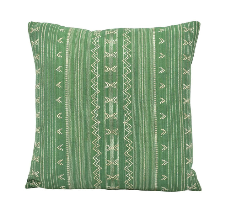 Thibaut - Charter Stripe Embroidery - Green - Artisanal Boho Designer Embroidered Cushion Cover - Indienne Geometric Stripe Textured Pillow.