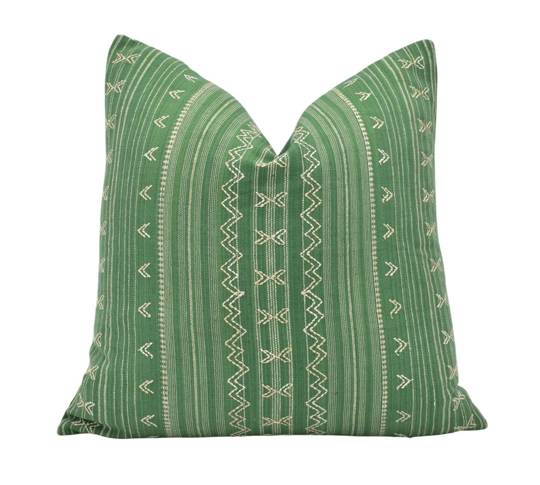 Thibaut - Charter Stripe Embroidery - Green - Artisanal Boho Designer Embroidered Cushion Cover - Indienne Geometric Stripe Textured Pillow.