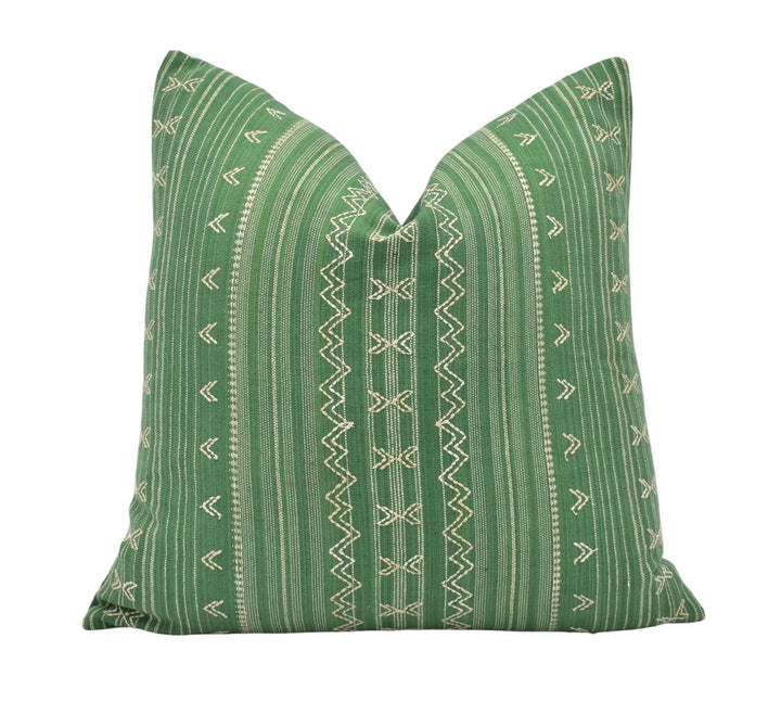 Thibaut - Charter Stripe Embroidery - Green - Artisanal Boho Designer Embroidered Cushion Cover - Indienne Geometric Stripe Textured Pillow.
