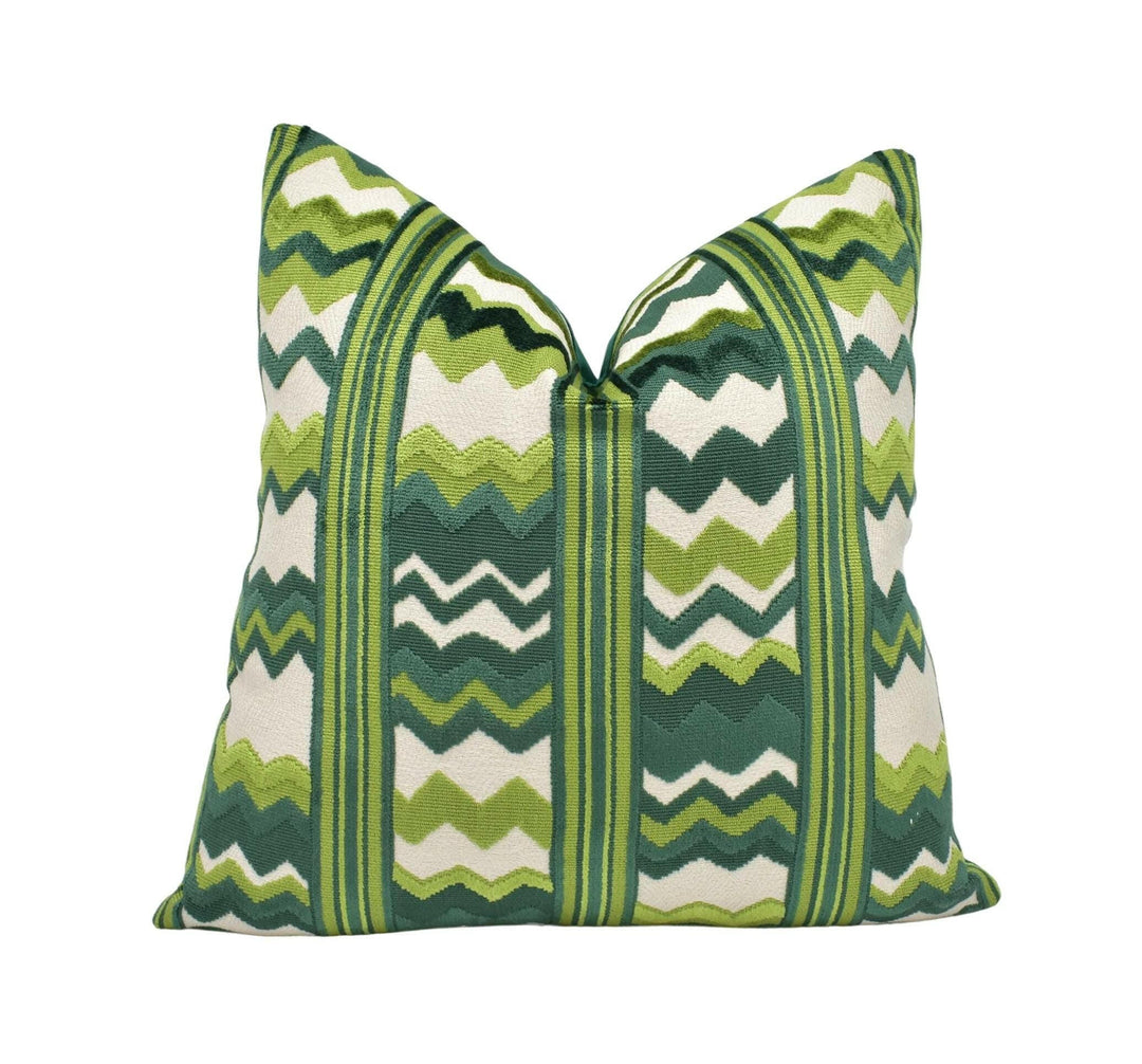 Nina Campbell - Sebastian - 6 - Bold Striped Zig Zag Velvet Designer Pillow Cover - Modern Boho Green Cream Maximalist Cushion Spring Jewel.