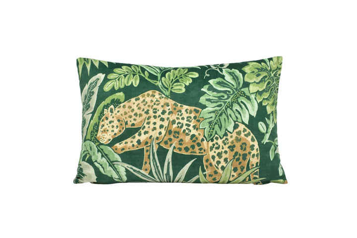 Prestigious - Leopard - Rainforest - Playful Big Cat Tropical Designer Velvet Cushion Cover - Green Botanical Leafy Custom Soft Pillow.