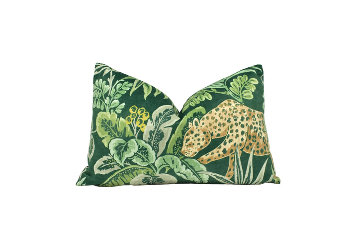 Prestigious - Leopard - Rainforest - Playful Big Cat Tropical Designer Velvet Cushion Cover - Green Botanical Leafy Custom Soft Pillow.